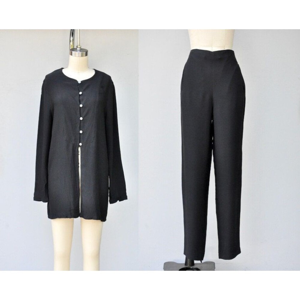 Black SILK Pants and Blouse Set Asian Style Lagenlook Oversided Silk S - M